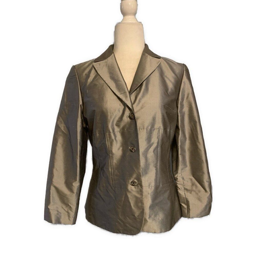 Travis Ayers Womens Silk Metallic Gray Silver Long Sleeve Blazer Jacket 6 Small